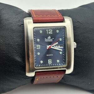 Rockland Silver Stainless Steel Brown Leather Men’s Watch Working New Battery